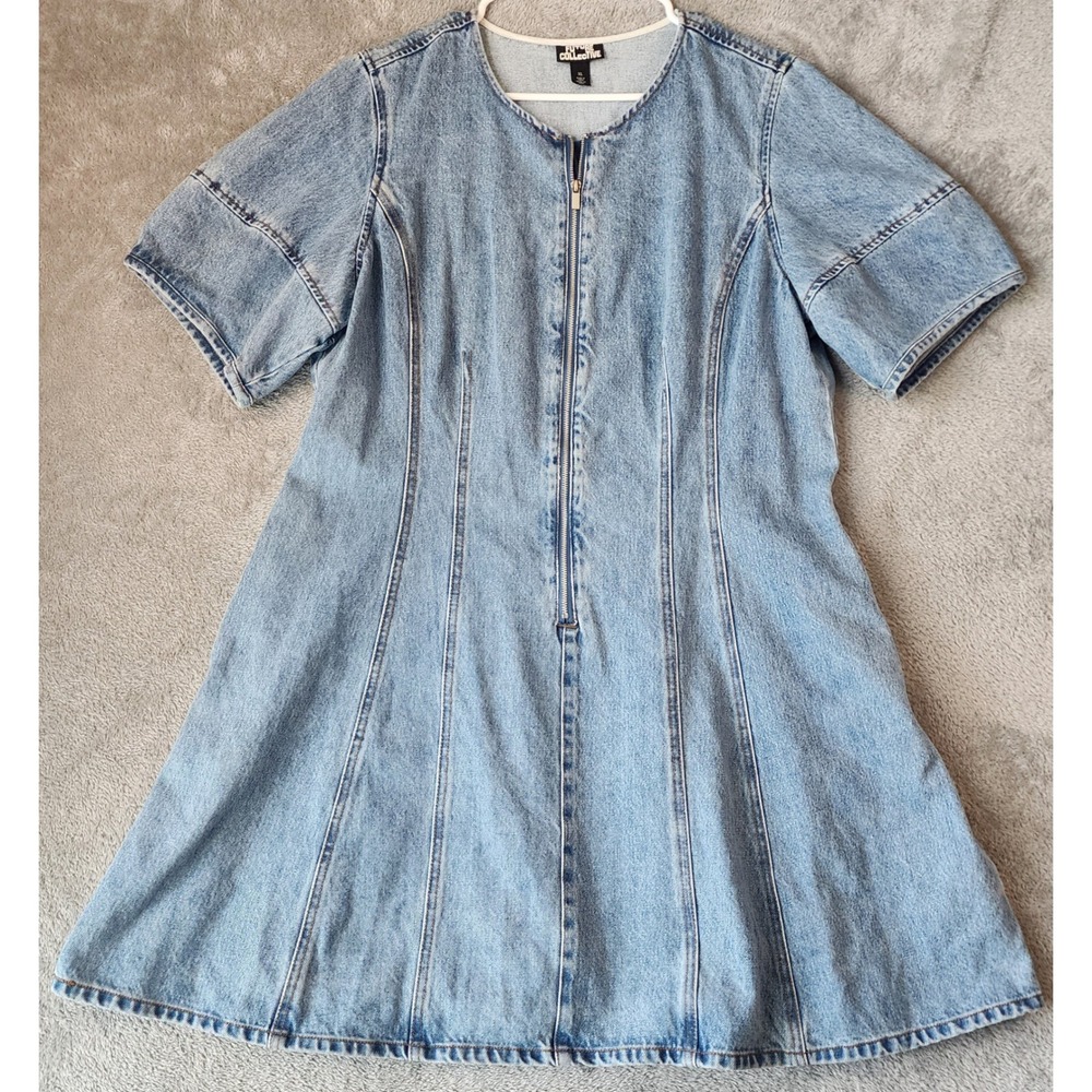 Future Collective Dress Womens XL Blue Light Wash Denim Zip Front Mini Flare